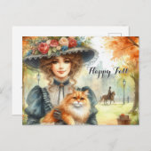 Elegante Lady mit Cat Happy Fall Postkarte (Vorne/Hinten)