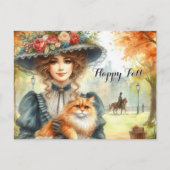 Elegante Lady mit Cat Happy Fall Postkarte (Vorderseite)