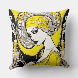Elegante Lady Yellow & Black Art Nouveau Kissen