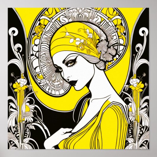 Elegante Lady Yellow & Black Art Nouveau Poster (Vorne)