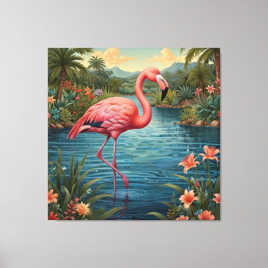 Elegante Lagune mit rosa Flamingo tropisches Parad Leinwanddruck (Vorderseite)