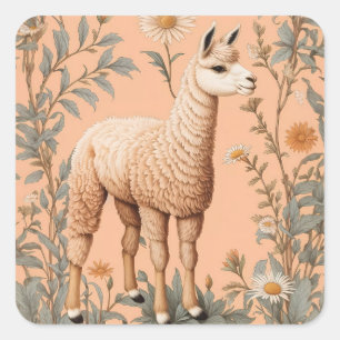 Elegante Lama und Daisy Blume auf Peach Quadratischer Aufkleber