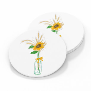 Elegante ländliche gelbe Sonnenblumen-Hochzeit Runder Pappuntersetzer