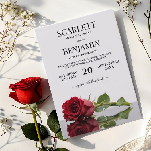 Elegante Langgestemmte Crimson-Rote Rose Hochzeit Einladung