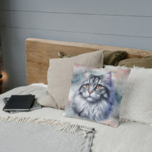 Elegante langhaarige Katze in Aquarelltechnik Kissen