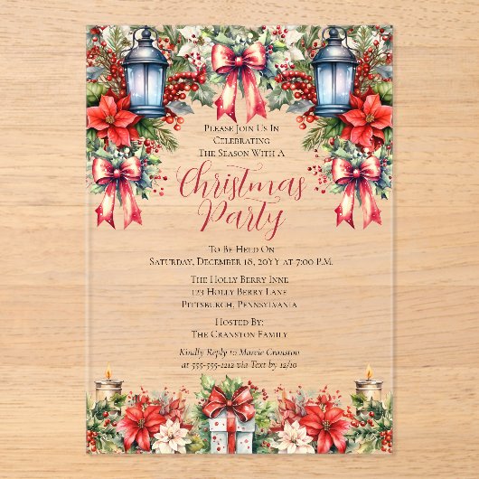 Elegante Lanterns | Candles Floral Christmas Party Acryleinladungen (Vorderseite)