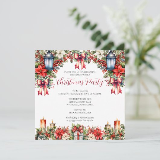 Elegante Lanterns | Candles Floral Christmas Party Einladung (Stehend Vorderseite)