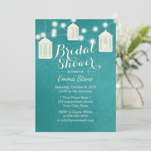 Elegante Lanterns Modernes Aquamarines Brautparty Einladung (Stehend Vorderseite)