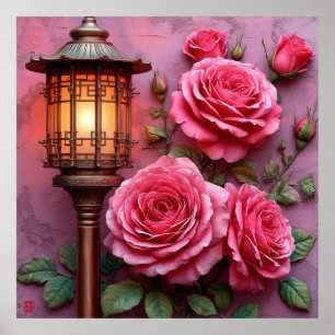 Elegante Laterne mit blühenden rosa Rosen Poster