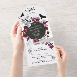 Elegante, launische, dunkelviolette Blumen-Hochzei All In One Einladung