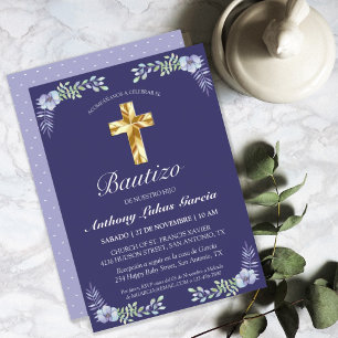 Elegante Lavanda Cruz De Oro Bautizo Bebé Invitati Einladung