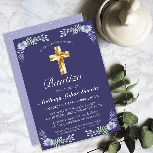 Elegante Lavanda Cruz De Oro Bautizo Bebé Invitati Einladung