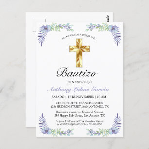 Elegante Lavanda Cruz De Oro Bautizo Invitación Postkarte