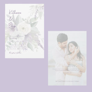 Elegante Lavendel-Blumen-Hochzeitspaar-Foto Einladung