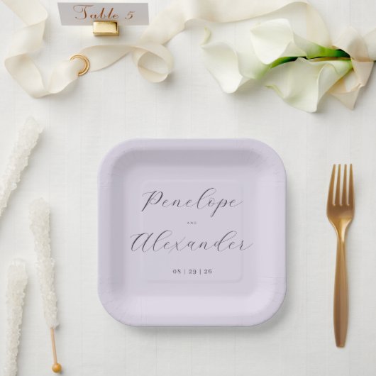 Elegante Lavendel-Kalligrafie Pappteller (Hochzeit)