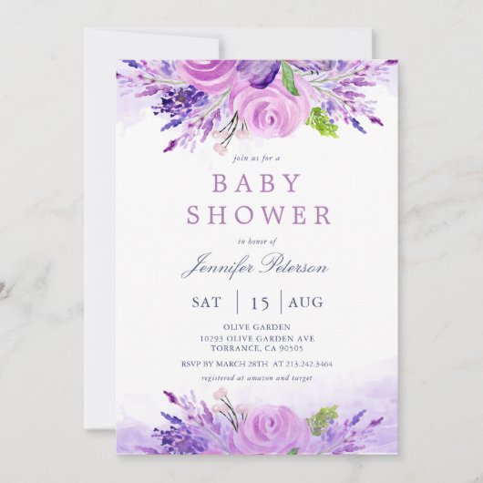 Elegante Lavendel Purple Blumen Babydusche Einladung (Vorderseite)