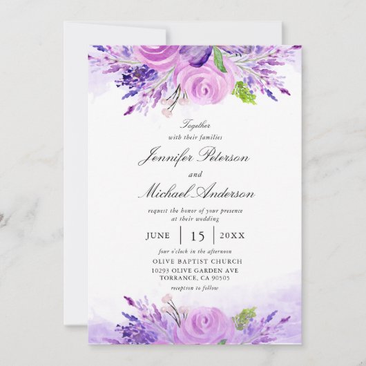 Elegante Lavendel-Purple-Blumen Hochzeit Einladung (Vorderseite)