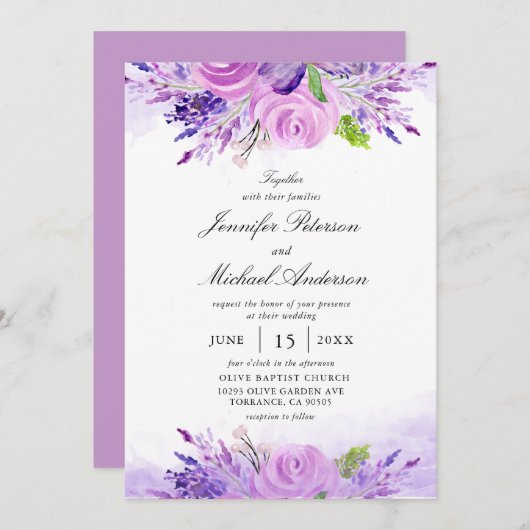 Elegante Lavendel-Purple-Blumen Hochzeit Einladung (Vorne/Hinten)