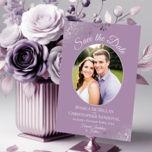 Elegante Lavendel- und Silber-Oval-Foto-Hochzeit Save The Date