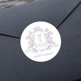 Elegante lavendelblaue florale Wappen-Monogramm-Ho Runder Aufkleber