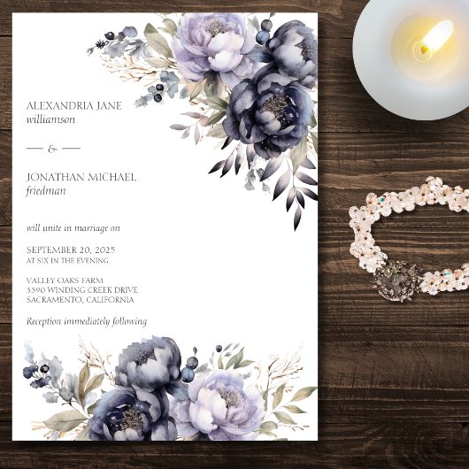 Elegante Lavender & Black Peonies Wedding Einladung