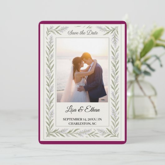 Elegante Lavender Botanical Save the Date Card (Stehend Vorderseite)