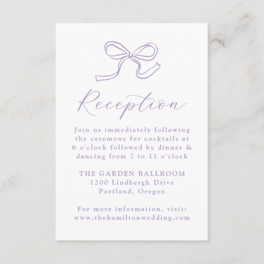 Elegante Lavender Bow Wedding Reception Begleitkarte (Vorderseite)