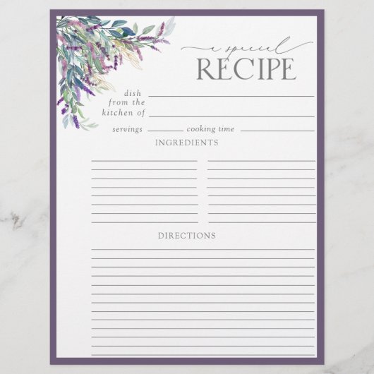 Elegante Lavender Brautparty Recipe Binder Page (Vorderseite)