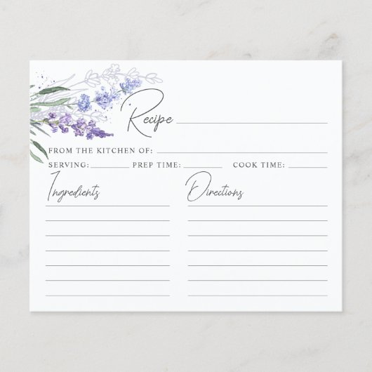 Elegante Lavender Brautparty Rezept Card (Vorderseite)