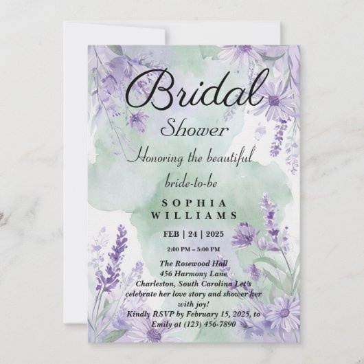 Elegante Lavender Floral Bridal Dusche Einladung (Vorderseite)