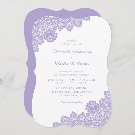 Elegante Lavender Floral Lace Wedding Einladung (Vorne/Hinten)