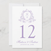 Elegante Lavender Floral Wappen Hochzeit Tischnumm Einladung (Rückseite)