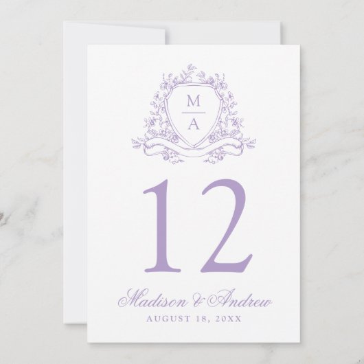 Elegante Lavender Floral Wappen Hochzeit Tischnumm Einladung (Rückseite)