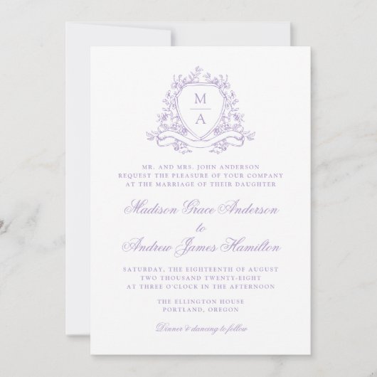 Elegante Lavender Floral Wappen Monogram Wedding Einladung (Vorderseite)