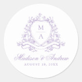 Elegante Lavender Floral Wappen Monogram Wedding Runder Aufkleber (Vorderseite)