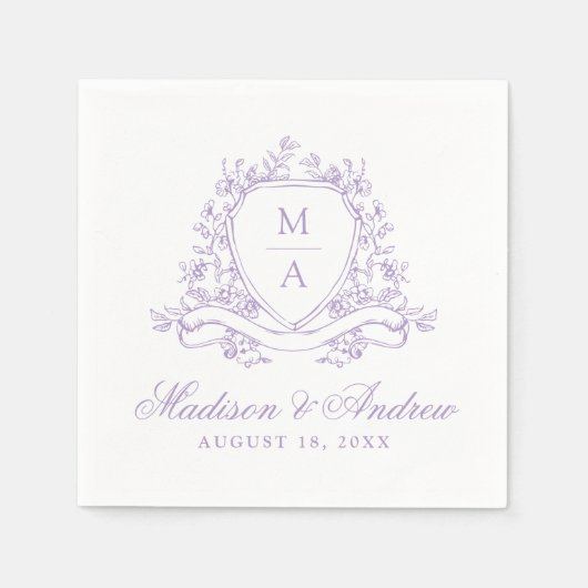 Elegante Lavender Floral Wappen Monogram Wedding Serviette (Vorderseite)