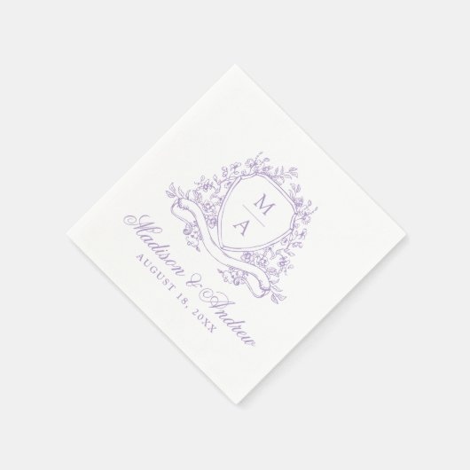 Elegante Lavender Floral Wappen Monogram Wedding Serviette (Ecke)