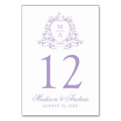 Elegante Lavender Floral Wappen Monogram Wedding Tischnummer (Vorderseite)