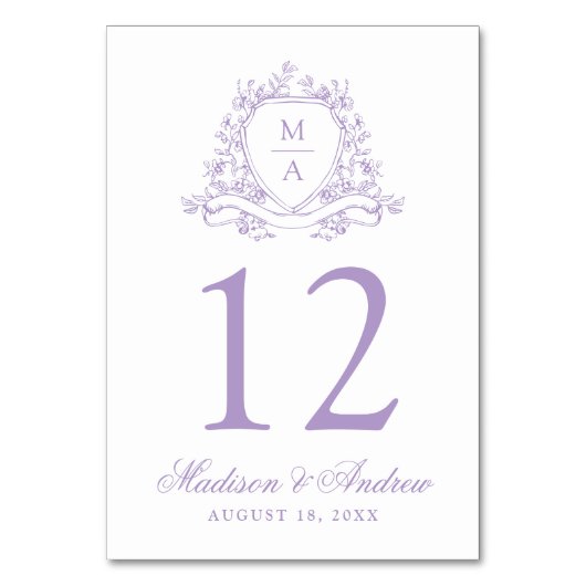 Elegante Lavender Floral Wappen Monogram Wedding Tischnummer (Vorderseite)