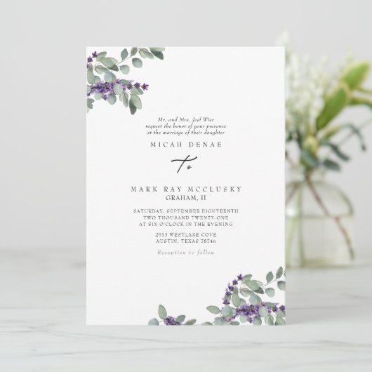 Elegante Lavender Floral Wedding Einladung (Stehend Vorderseite)