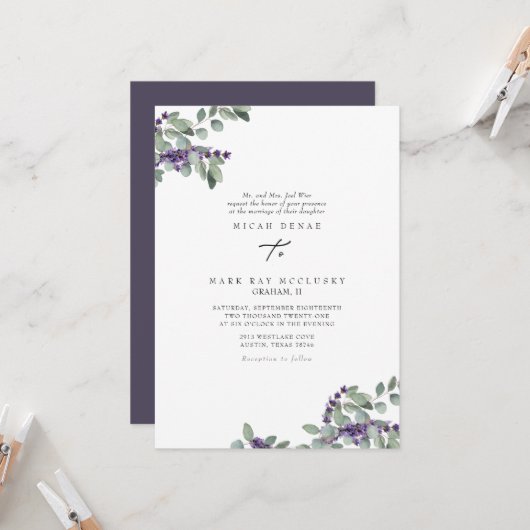 Elegante Lavender Floral Wedding Einladung (Vorderseite/Rückseite Beispiel)
