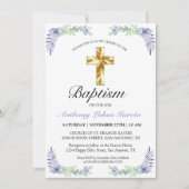 Elegante Lavender Gold Cross Baby-Taufe Einladung (Vorderseite)