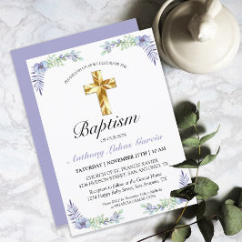 Elegante Lavender Gold Cross Baby-Taufe Einladung