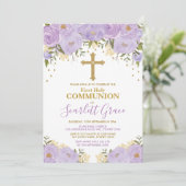 Elegante Lavender & Gold Floral Heilige Kommunion Einladung (Stehend Vorderseite)