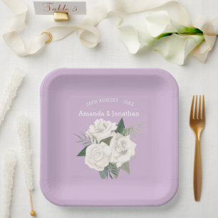 Elegante Lavender Haze und White Roses Wedding Pappteller