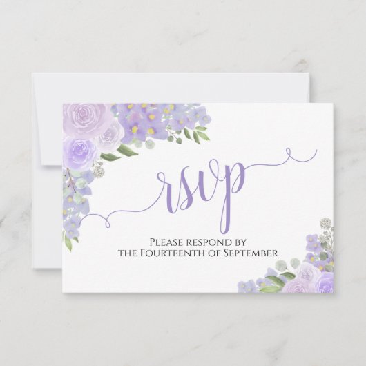 Elegante Lavender Lila Blumenkalligrafie Hochzeit RSVP Karte (Vorderseite)