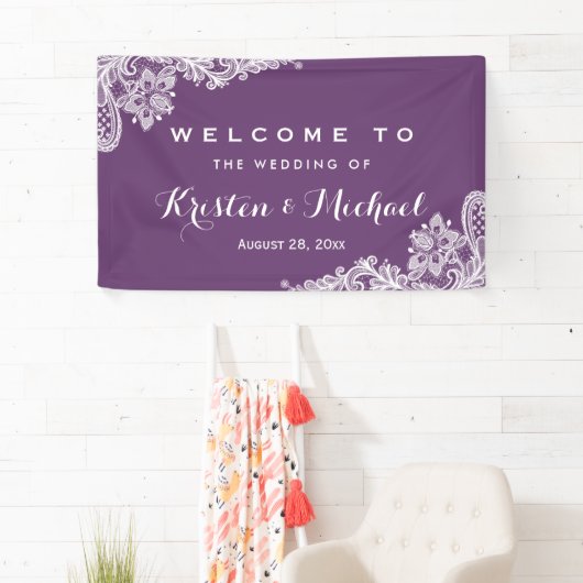 Elegante Lavender Lila Lace Pattern Wedding Party Banner (Insitu)