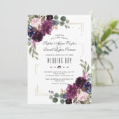 Elegante Lavender Navy Blue Floral Gold Wedding Einladung (Stehend Vorderseite)