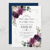 Elegante Lavender Navy Blue Floral Gold Wedding Einladung (Vorne/Hinten)