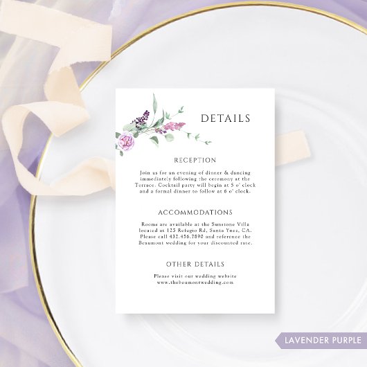 Elegante Lavender Pastel Floral Wedding Details Begleitkarte